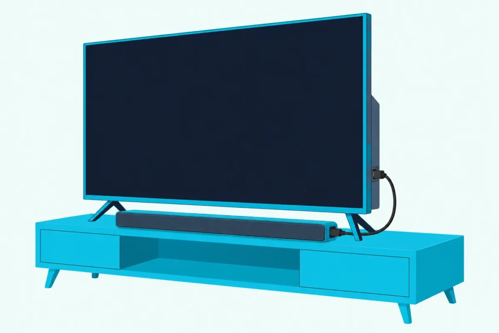 A flat TV on a low stand with a slim soundbar below it, joined by a short black HDMI cable