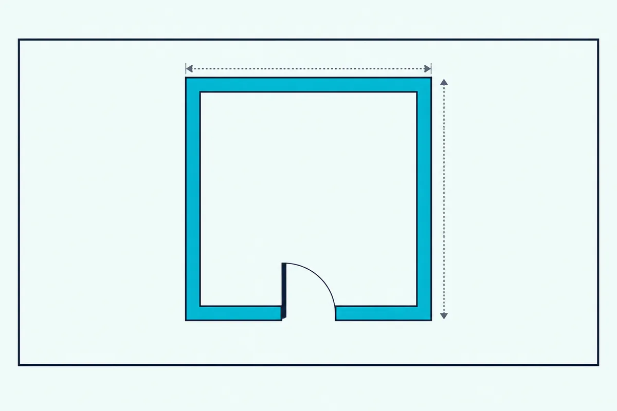 A floor plan of a small pod showing thick outer walls, a smaller inner space, a door swing and dotted measuring lines