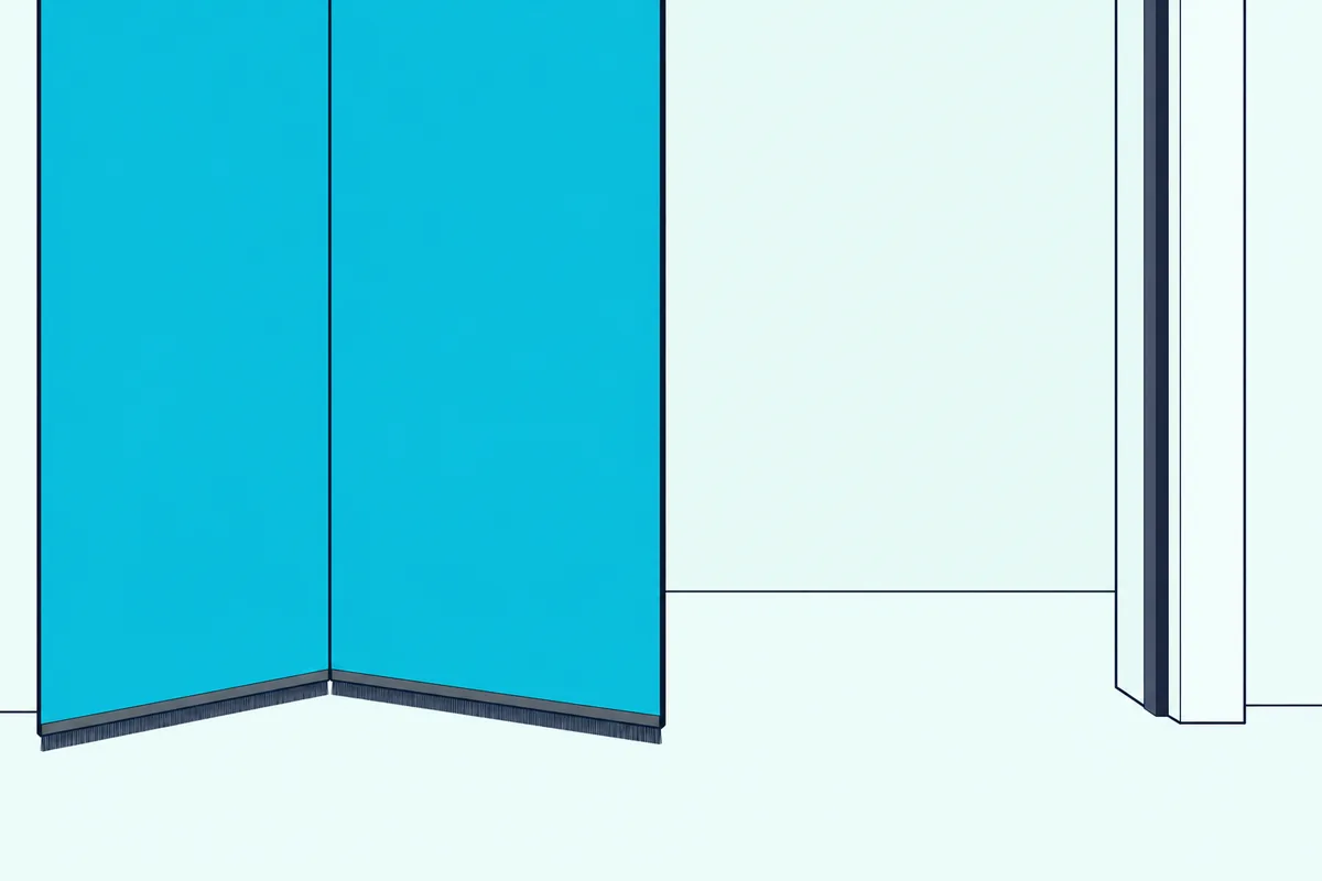 A folded bifold door panel with a brush strip along its bottom edge beside a foam strip on the door jamb
