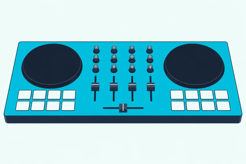 A four-channel DJ controller with four faders in its mixer section between two round jog wheels