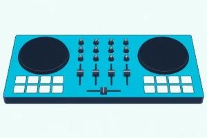 A four-channel DJ controller with four faders in its mixer section between two round jog wheels