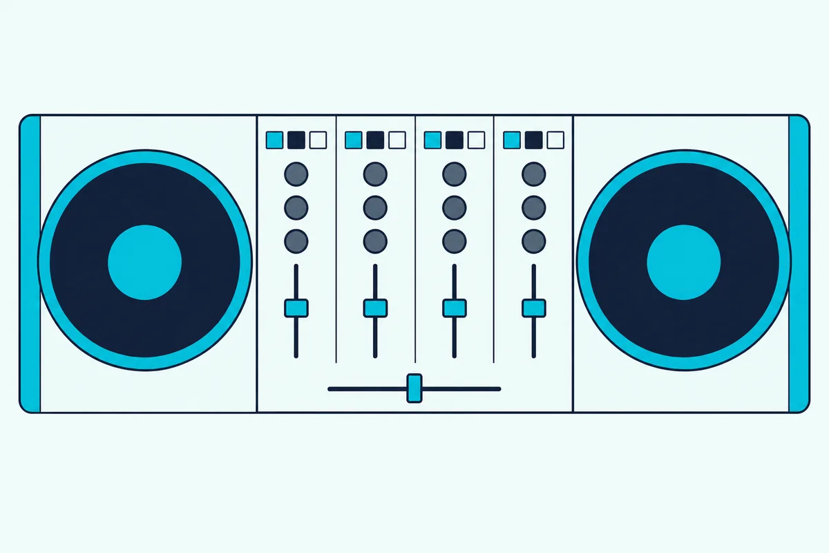 Four-channel DJ controller seen from above with three colored stem buttons above each channel's knobs