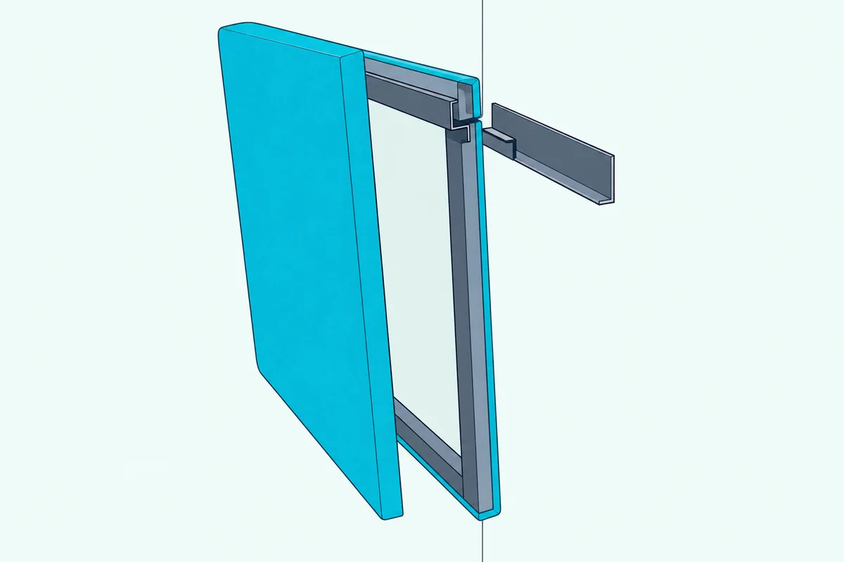 Framed acoustic panel lifted slightly off a wall, showing the interlocking metal Z-clips behind its top edge