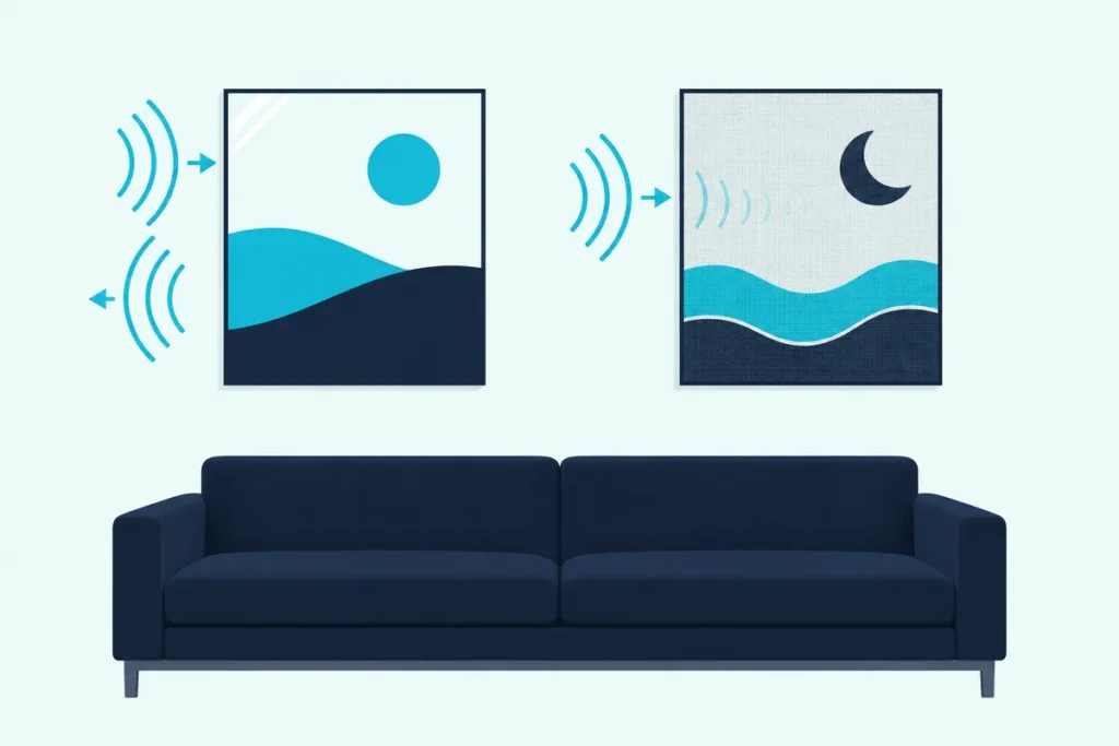 A canvas print bouncing sound back beside a fabric-faced art panel that absorbs it, on a living room wall