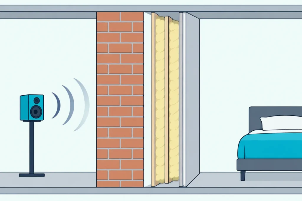 A free-standing insulated stud lining in front of a brick wall, with a narrow gap between the lining and the bricks
