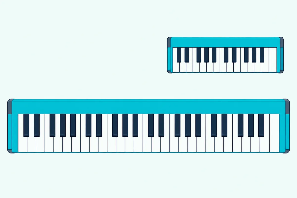 Full-size forty-nine-key keyboard beside a smaller twenty-five-key mini keyboard on a desk