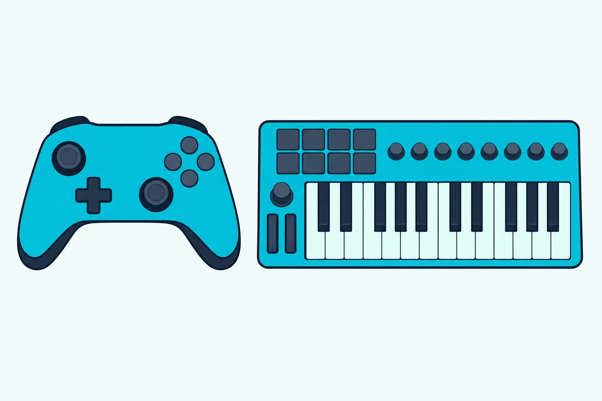A game controller and a compact keyboard with a joystick and pads side by side on one desk
