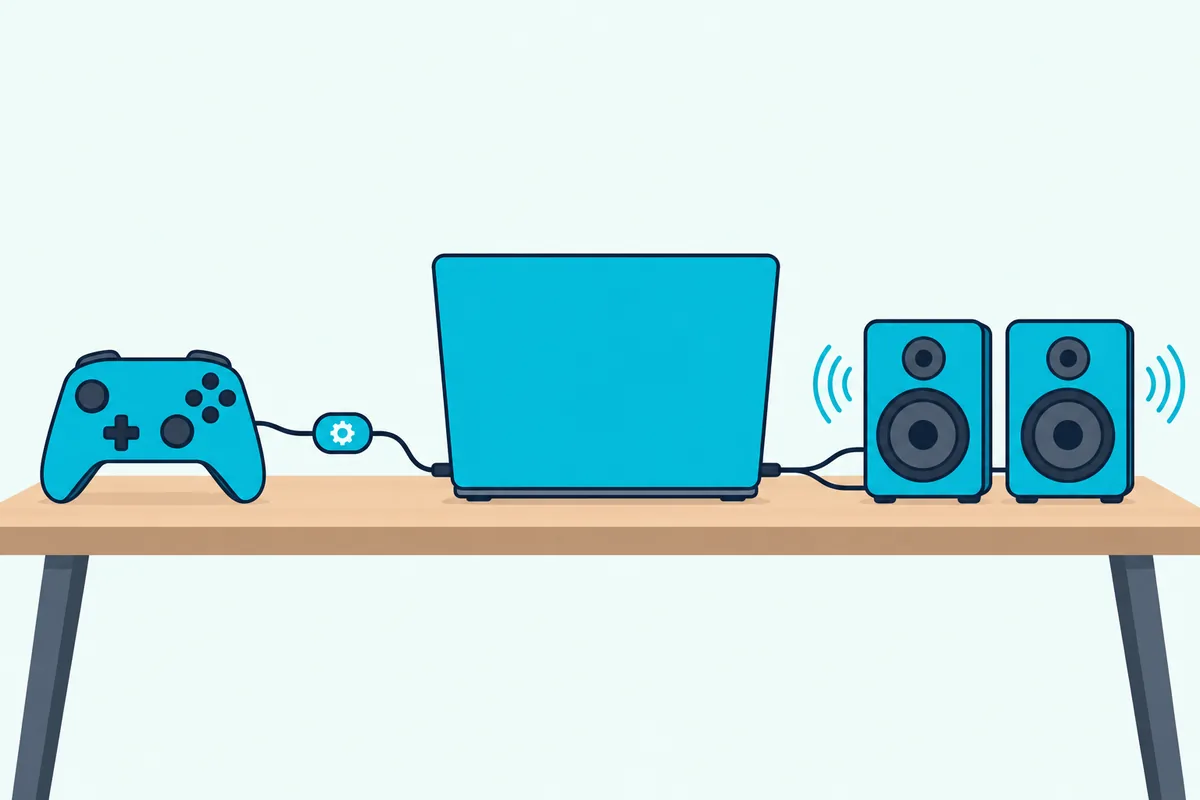 A game controller joined by a cable to a laptop, with a small gear between them and sound arcs at two speakers