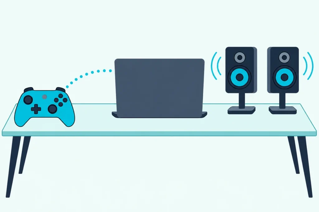 A game controller beside a laptop and two studio speakers, with signal dots running from the controller to the laptop