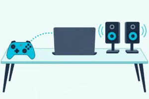 A game controller beside a laptop and two studio speakers, with signal dots running from the controller to the laptop