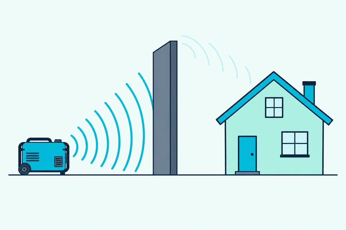 A generator beside a tall solid screen, with sound waves stopped by the wall and a house behind it