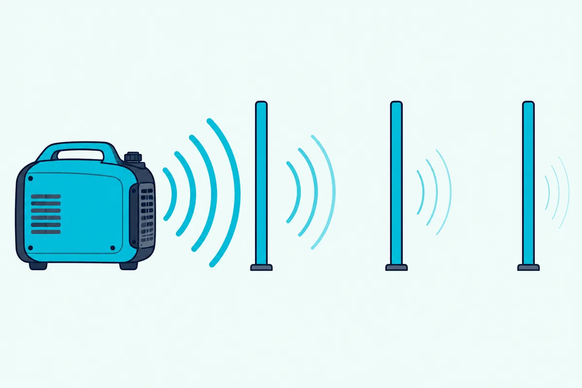 A generator with three evenly spaced posts to its right, with the sound waves growing fainter at each one