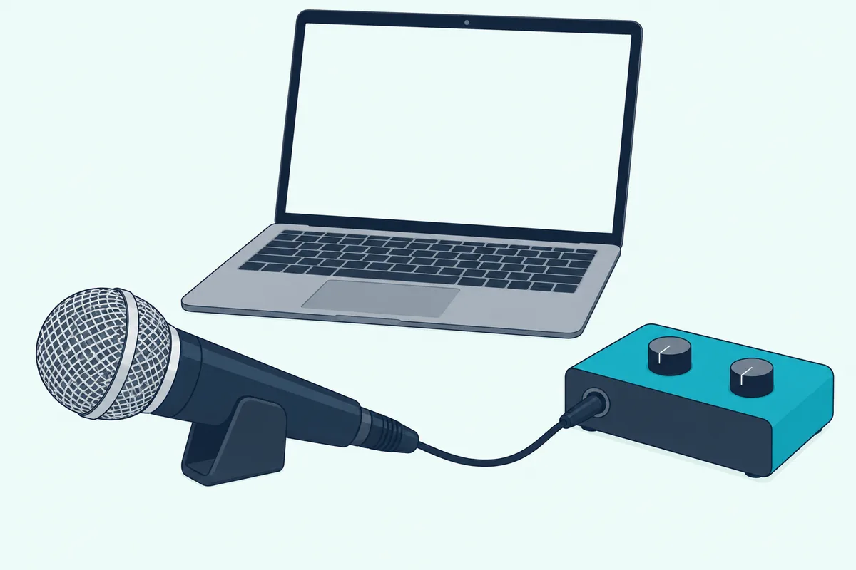 A handheld dynamic microphone connected by a cable to a small audio interface beside a laptop