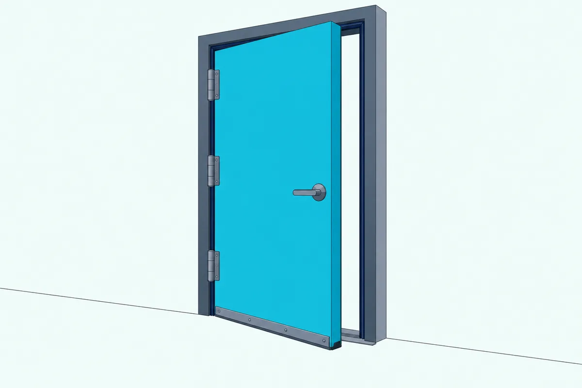 A heavy acoustic door in a steel frame with seals around its edges, a drop seal at the bottom and a raised threshold