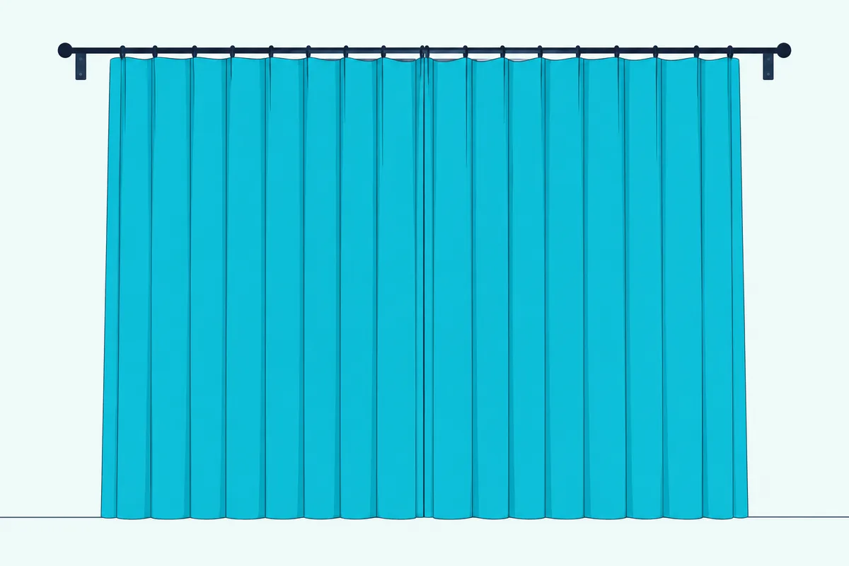 A heavy curtain on a wide rod covering a window and the wall around it, reaching down to the floor