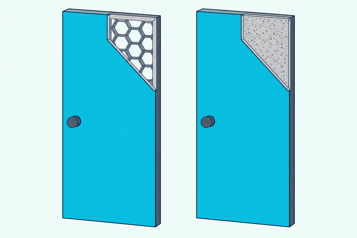 A hollow-core door and a solid-core door cut away side by side, one with a honeycomb core and one with a solid core