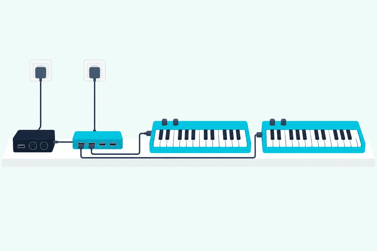 A small host box plugged into a USB wall charger, with a powered USB hub feeding two compact keyboards