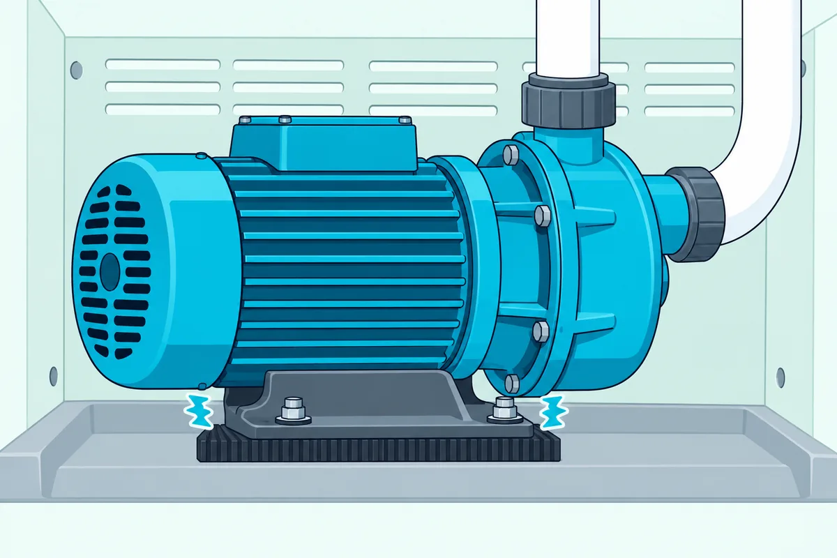 A hot tub jet pump bolted to the spa's base through a ribbed rubber mount, with vibration lines stopping at the rubber