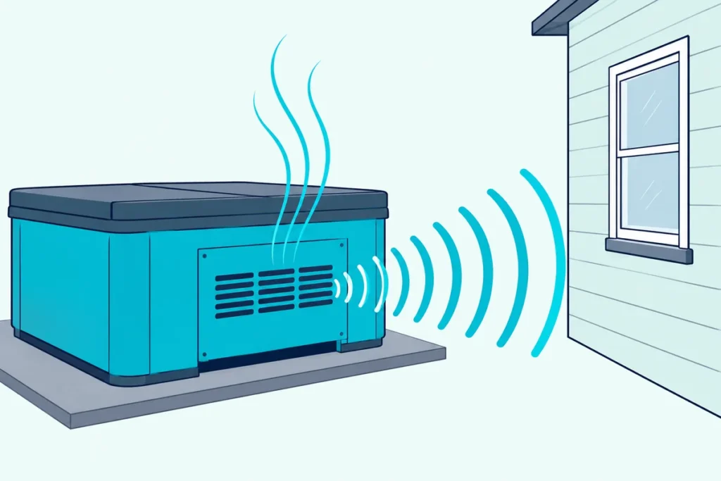 A hot tub with its cover on beside a house, sound arcs leaving its vented equipment side toward a bedroom window