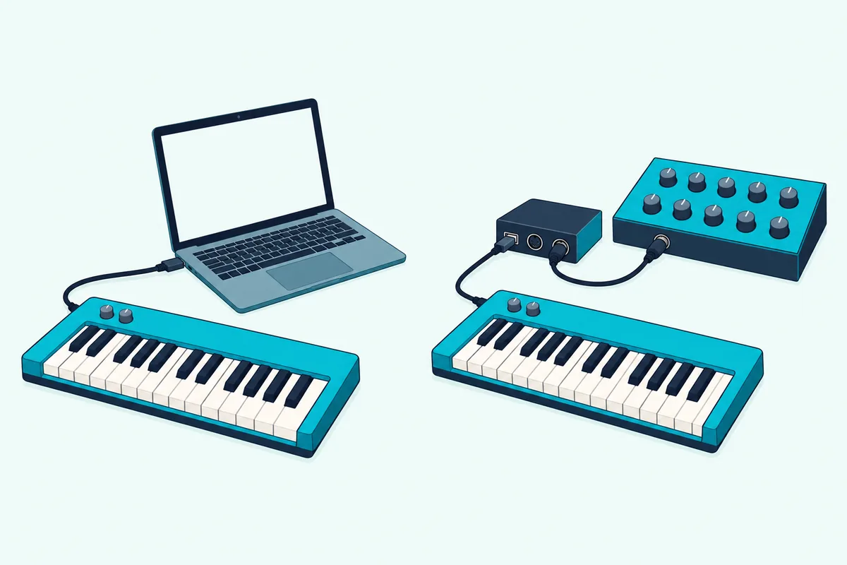 A compact keyboard cabled to a laptop beside the same keyboard cabled to a small host box that feeds a synth module