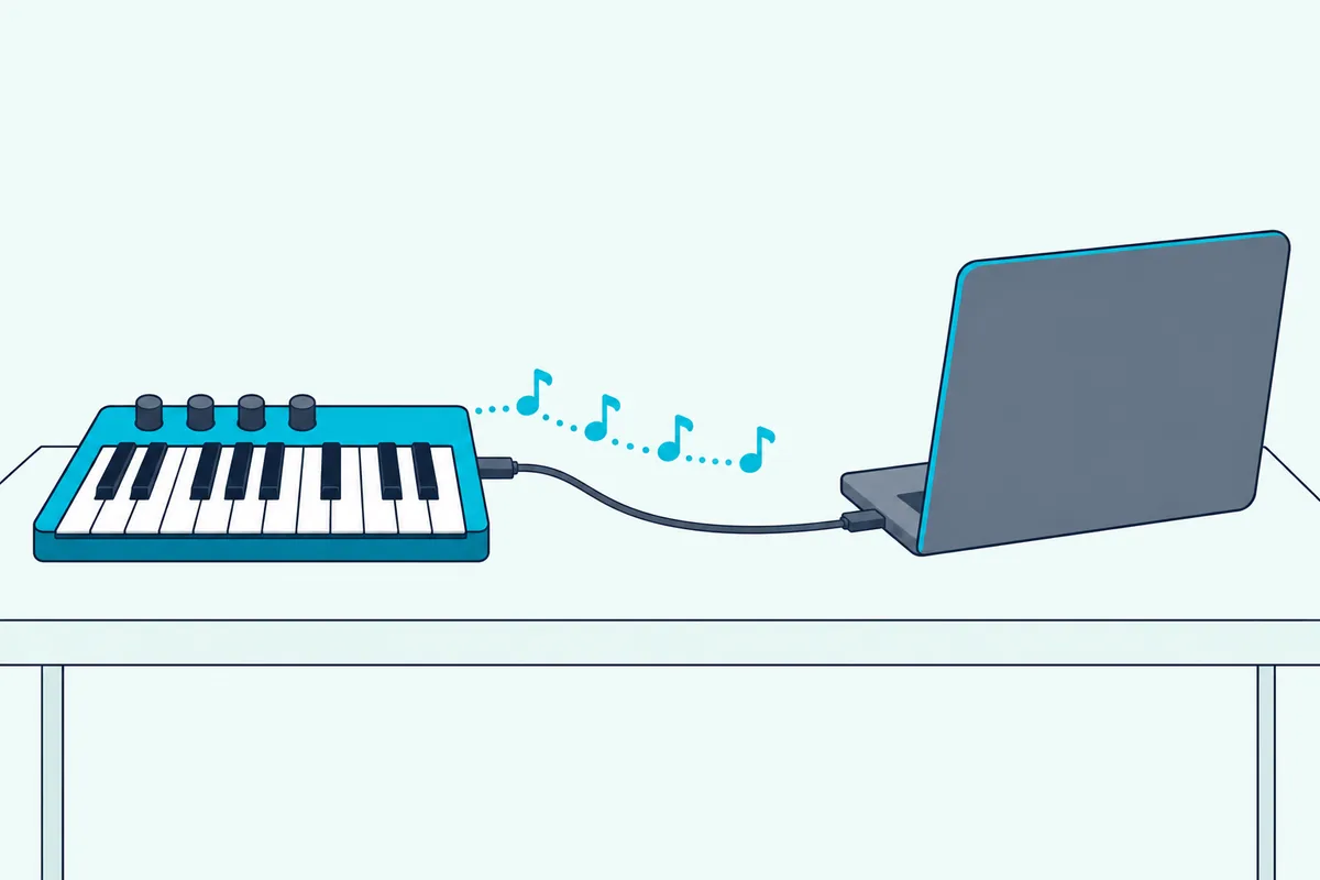 Keyboard controller sending note shapes along its cable toward a laptop, the dotted path broken by a gap