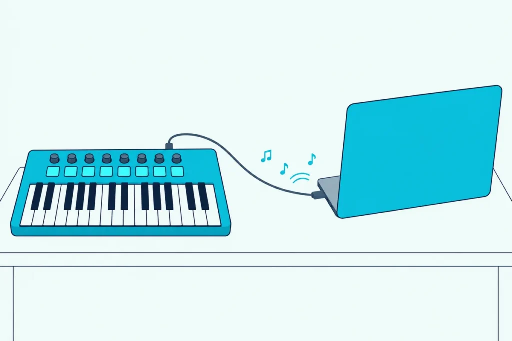 Keyboard controller with pads and knobs cabled to a laptop seen from behind, note shapes traveling along the cable