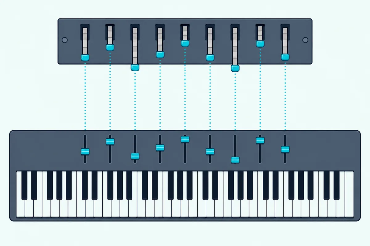 A keyboard's row of faders linked by dotted lines to a row of organ drawbars above it
