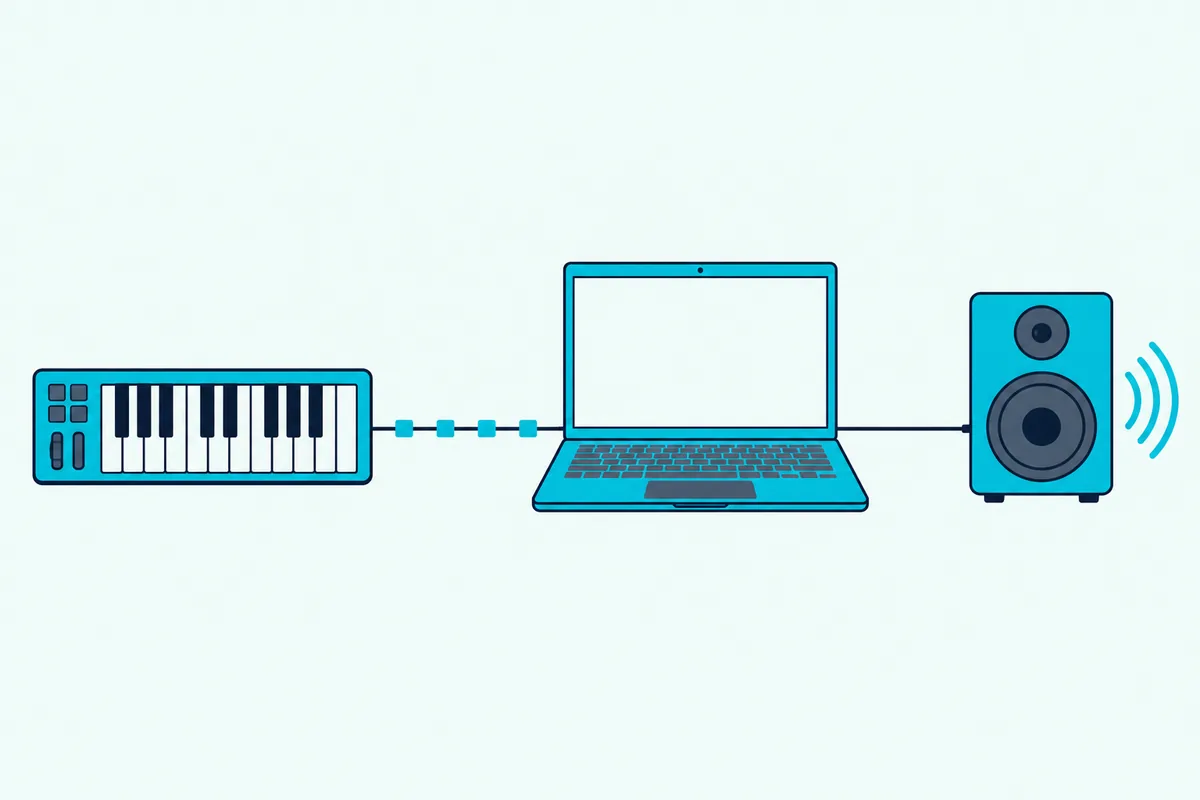 A keyboard sending small data packets along a cable to a laptop, with wavy sound lines only at the speaker