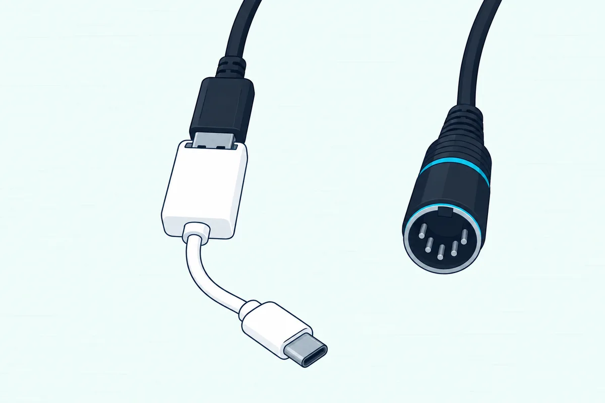 A keyboard's USB cable plugged into a small USB-C adapter beside a round 5-pin MIDI plug on a desk
