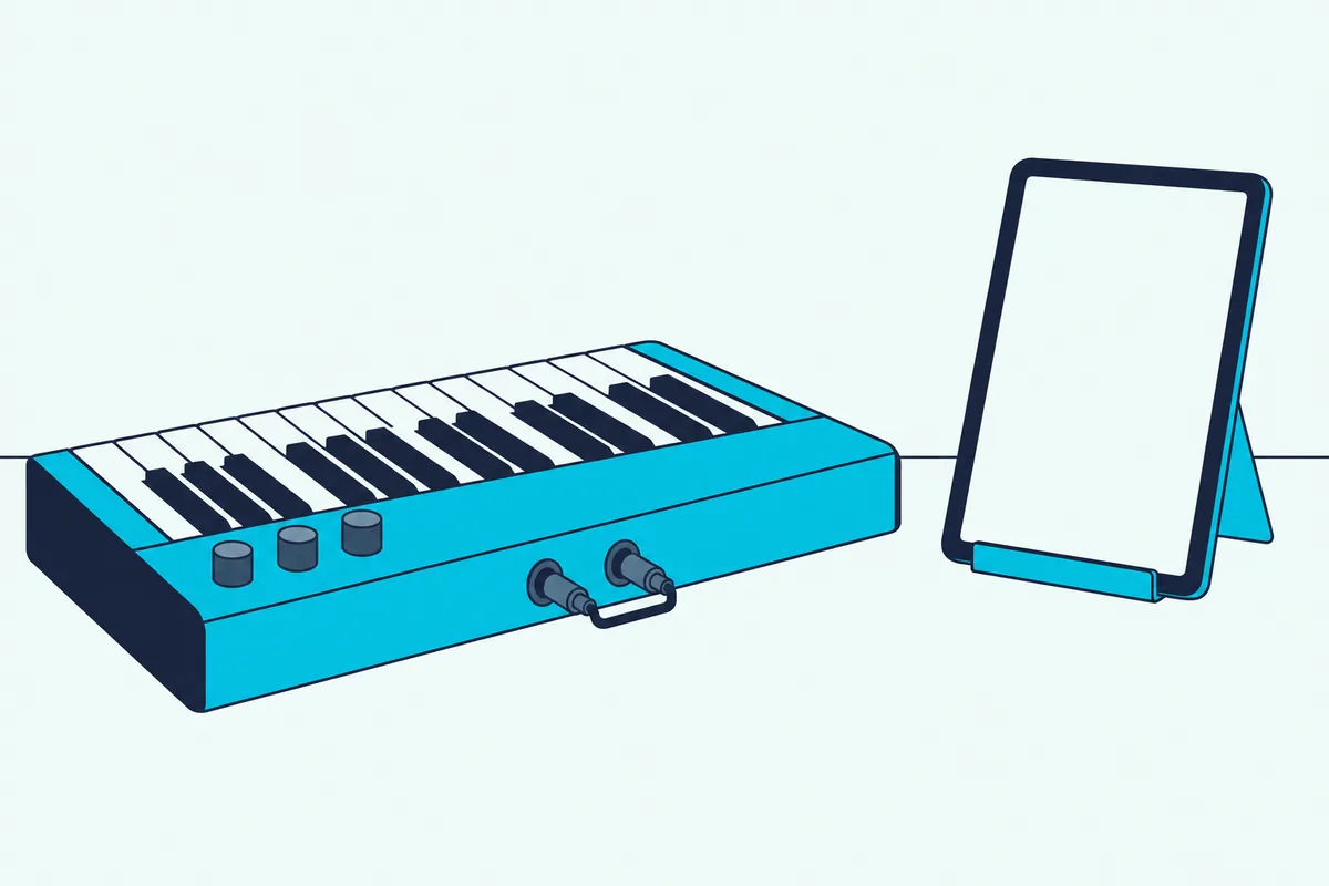 A keyboard with a small two-plug adapter in its back panel beside a tablet on a stand with a blank screen