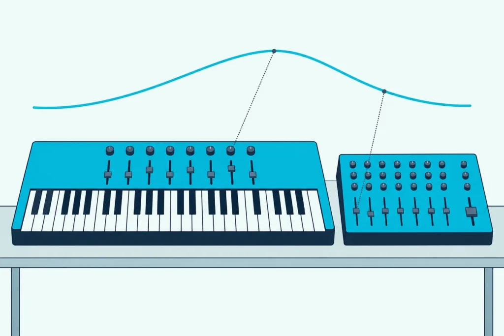 A MIDI keyboard with a row of faders beside a separate fader box, both linked by dotted lines to a rising swell curve