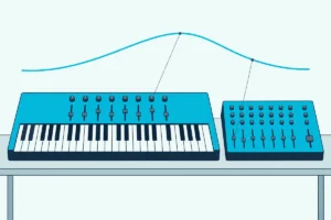 A MIDI keyboard with a row of faders beside a separate fader box, both linked by dotted lines to a rising swell curve