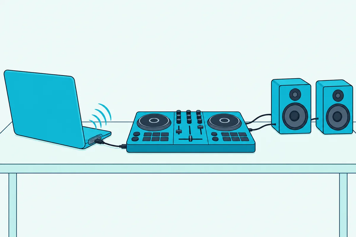 A laptop and a DJ controller joined by a USB cable, with sound waves leaving the laptop instead of the speakers