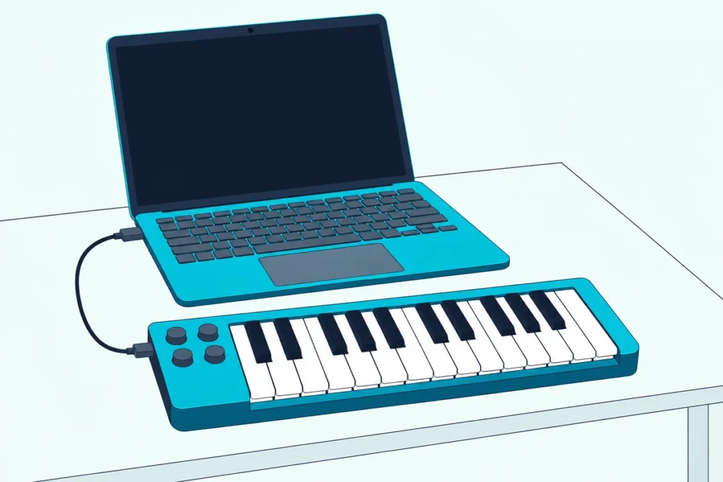 An open laptop on a desk with a small 25-key MIDI keyboard in front of it, joined by a short USB cable
