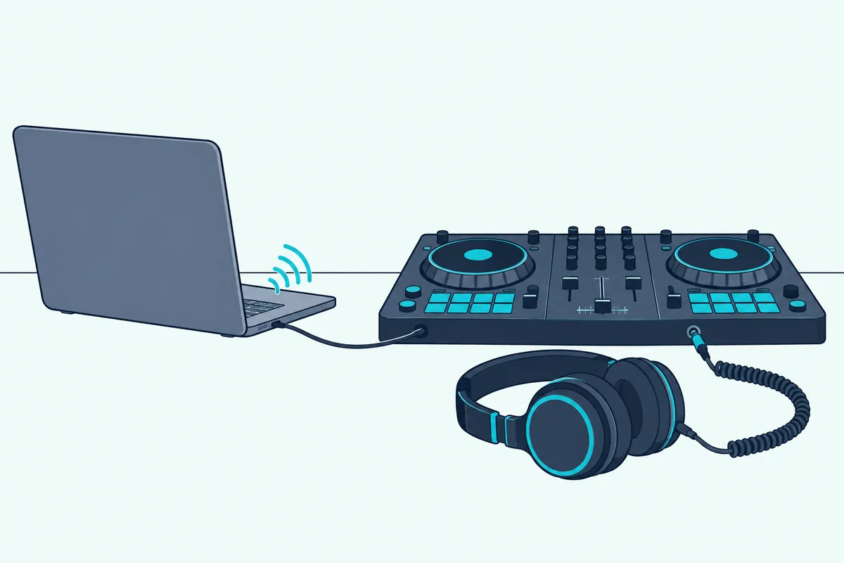 A laptop playing the mix through its own speakers beside a DJ controller with headphones plugged in