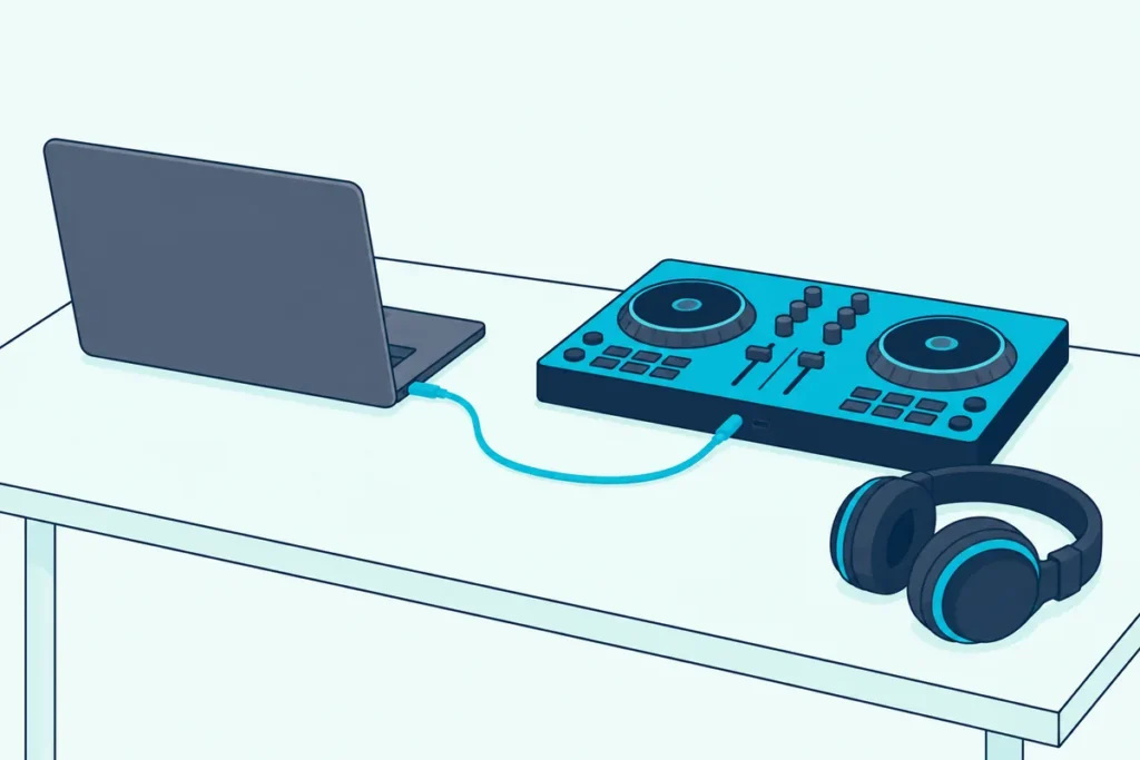 A laptop seen from behind, joined by one USB-C cable to a two-deck DJ controller with headphones beside it