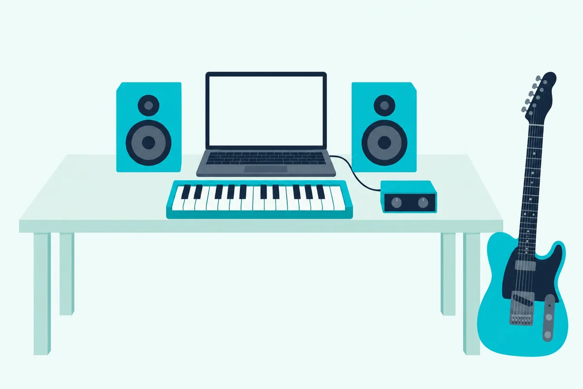 A laptop, two small studio monitors, a compact audio interface, a two-octave keyboard and a guitar on a desk