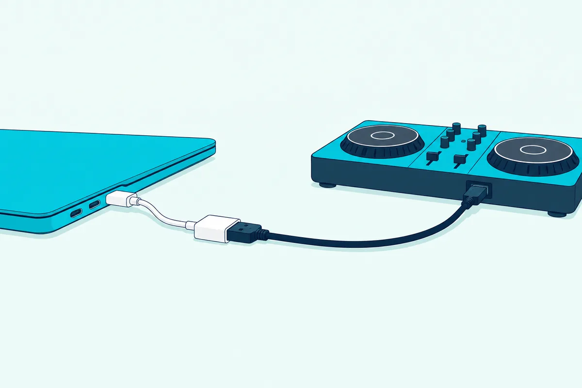 A laptop's USB-C port with a short USB-C to USB-A adapter and a DJ controller's USB cable plugged into it