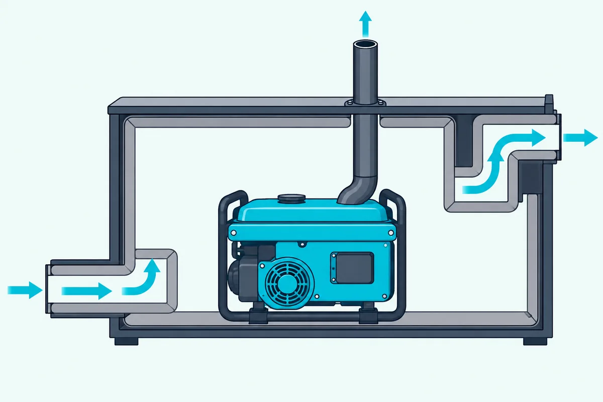 A lined enclosure around a generator with bent air passages in and out and the exhaust pipe leaving into open air