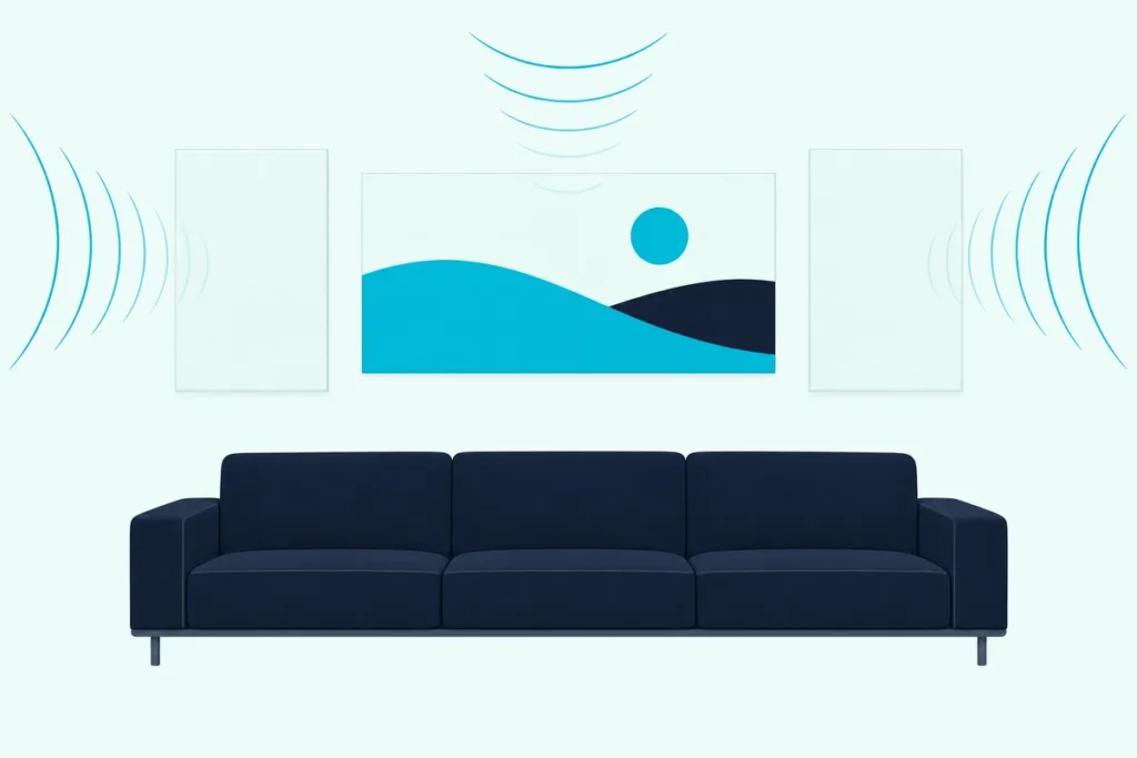 A living room wall with fabric panels in the wall color and a printed art panel above a sofa