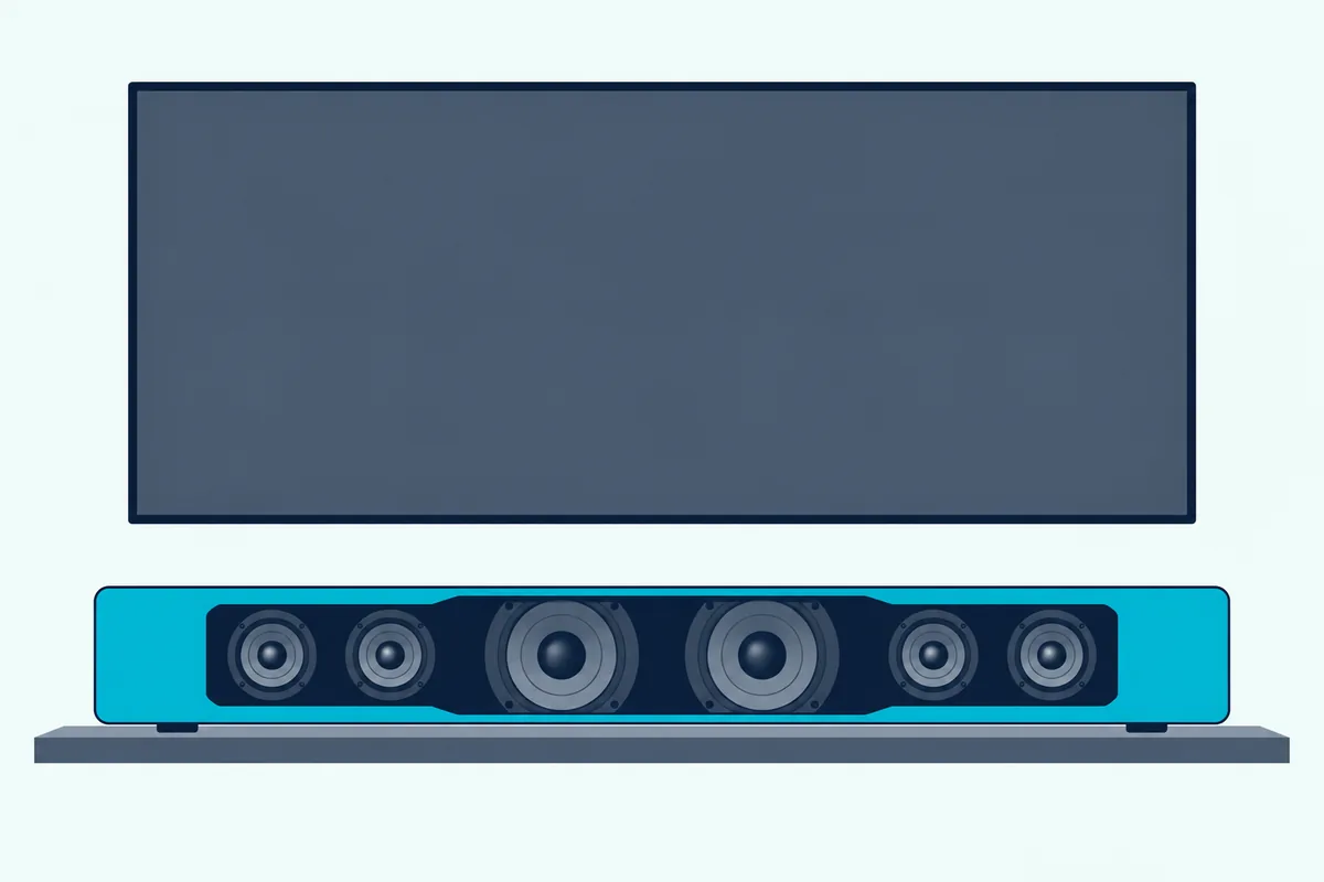 A long slim soundbar under a wall-mounted TV with a cutaway in its front showing two round woofers and small drivers inside