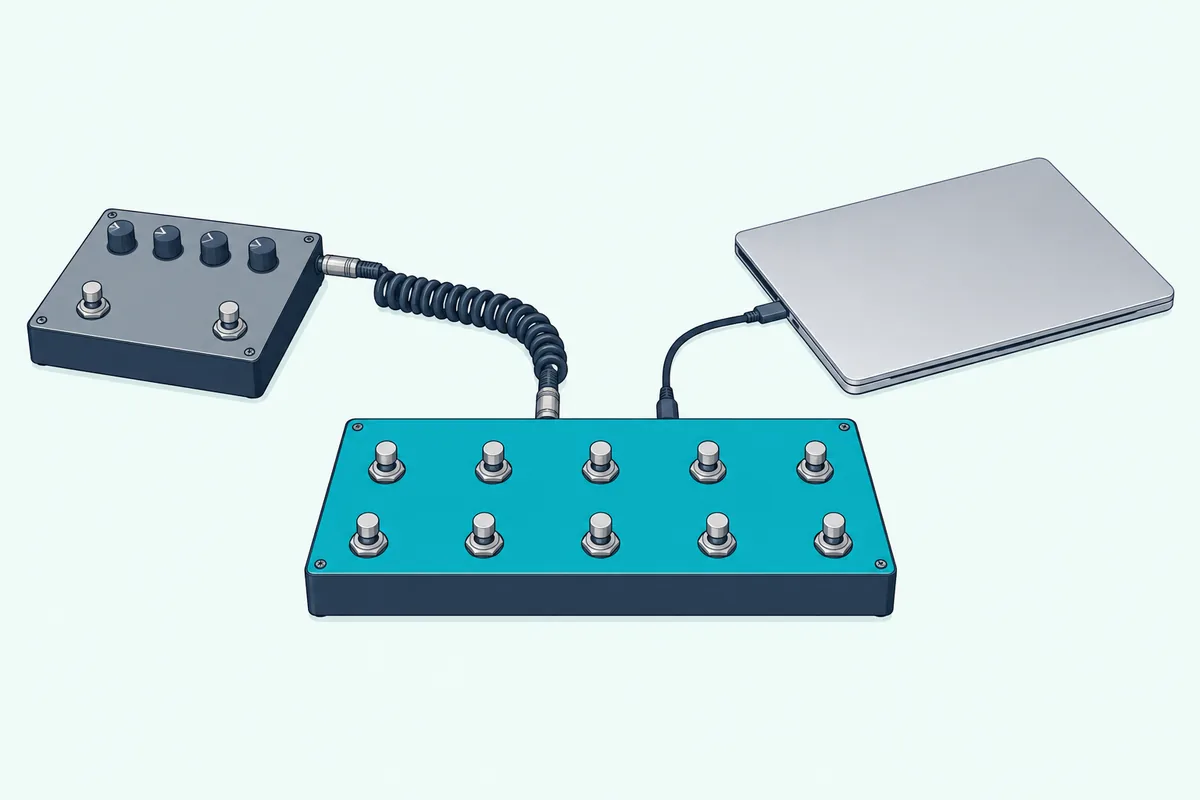 A MIDI foot controller cabled to a guitar multi-effects unit and to a closed laptop
