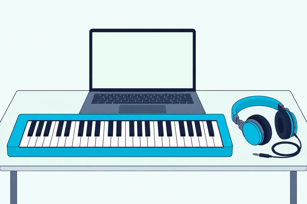 A MIDI keyboard and a laptop with a blank screen beside a pair of headphones lying flat on a plain desk