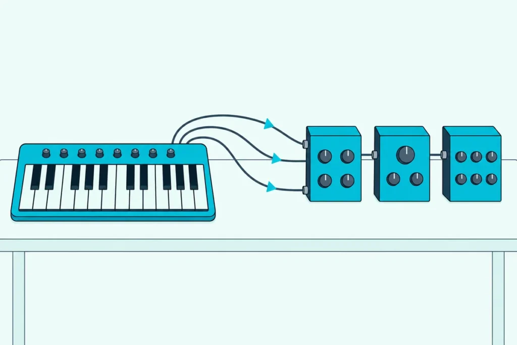 A MIDI keyboard on a desk with cables fanning out to three small synth modules
