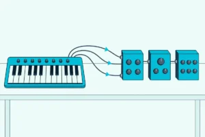 A MIDI keyboard on a desk with cables fanning out to three small synth modules