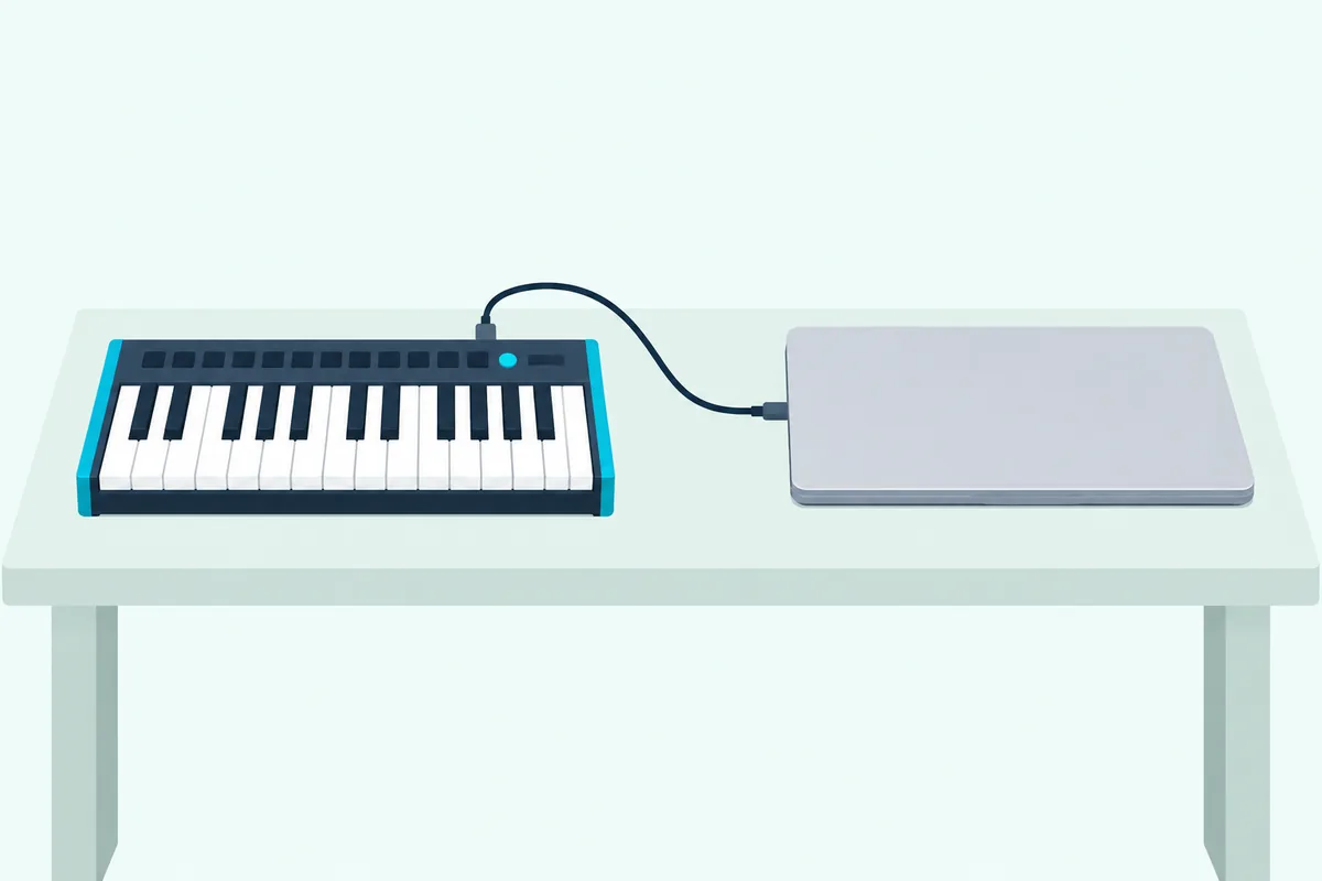 A MIDI keyboard with one small lit light joined to a closed laptop by a single USB cable on a desk