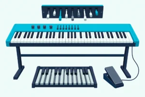 A MIDI keyboard with a row of faders beside organ drawbars, a floor swell pedal and a short organ pedalboard