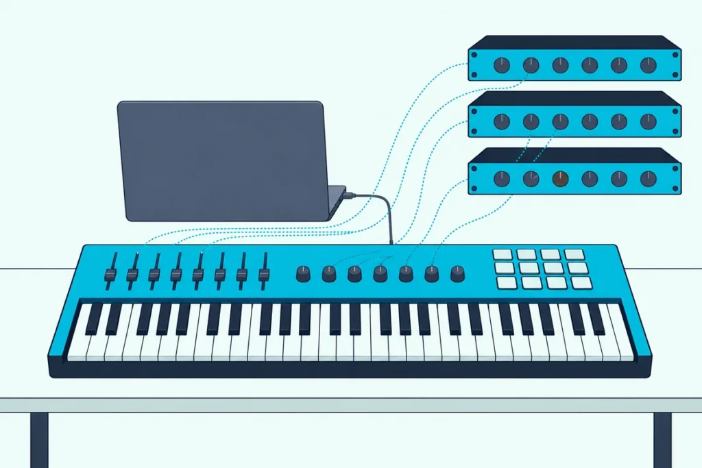 A MIDI keyboard with faders and pads linked by dotted lines to a rack of instrument modules beside a laptop