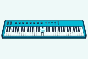 A MIDI keyboard with one key pressed deeper than the rest and soft pressure rings rising from it