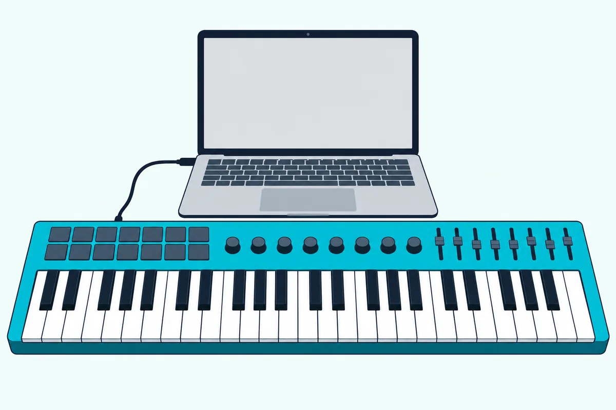 MIDI keyboard with sixteen pads, knobs and a row of faders connected to a laptop with a blank screen